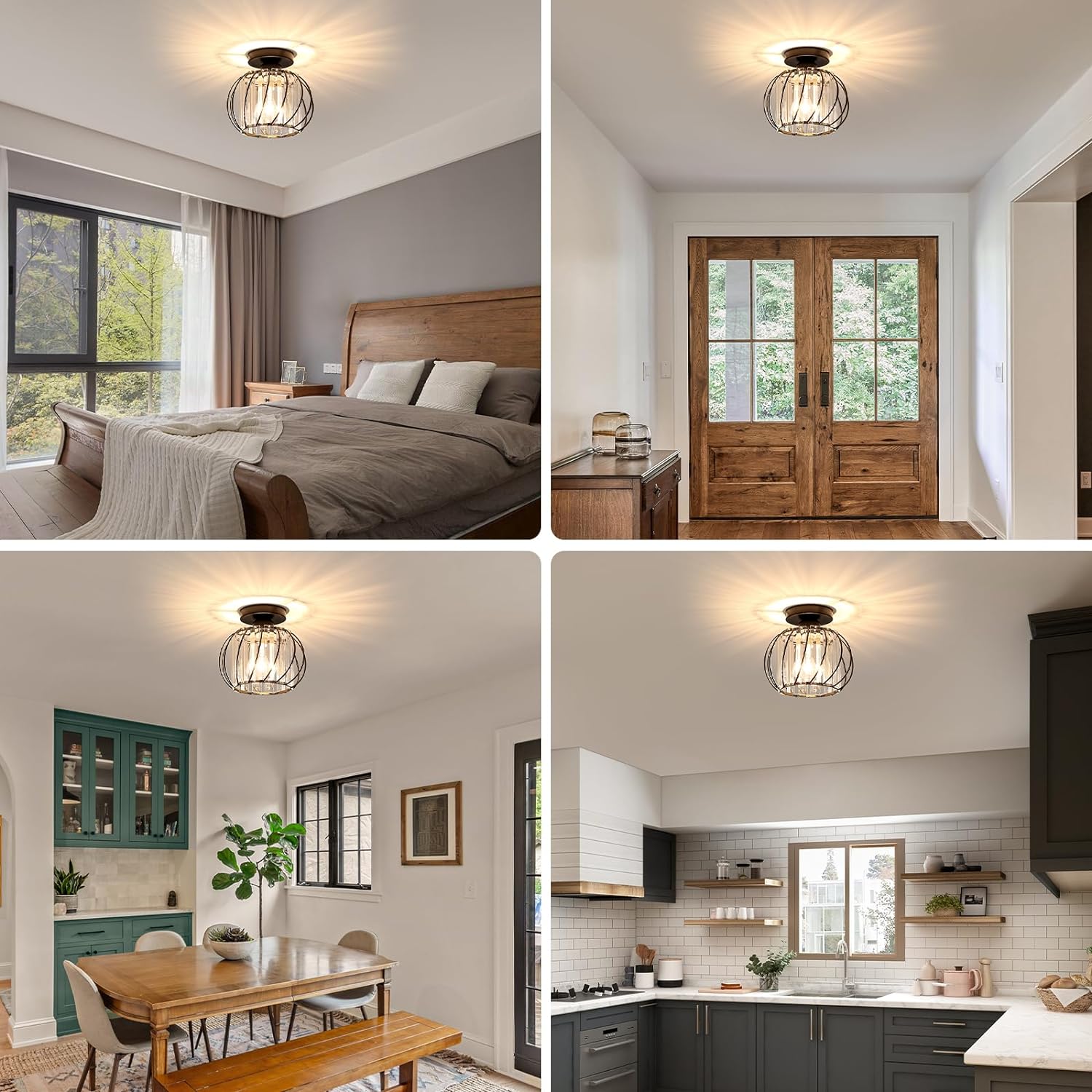 Minimalist Flush Mount Ceiling Light Fixture with Glass Accents – Black Iron Finish for Hallway and Modern Spaces 8