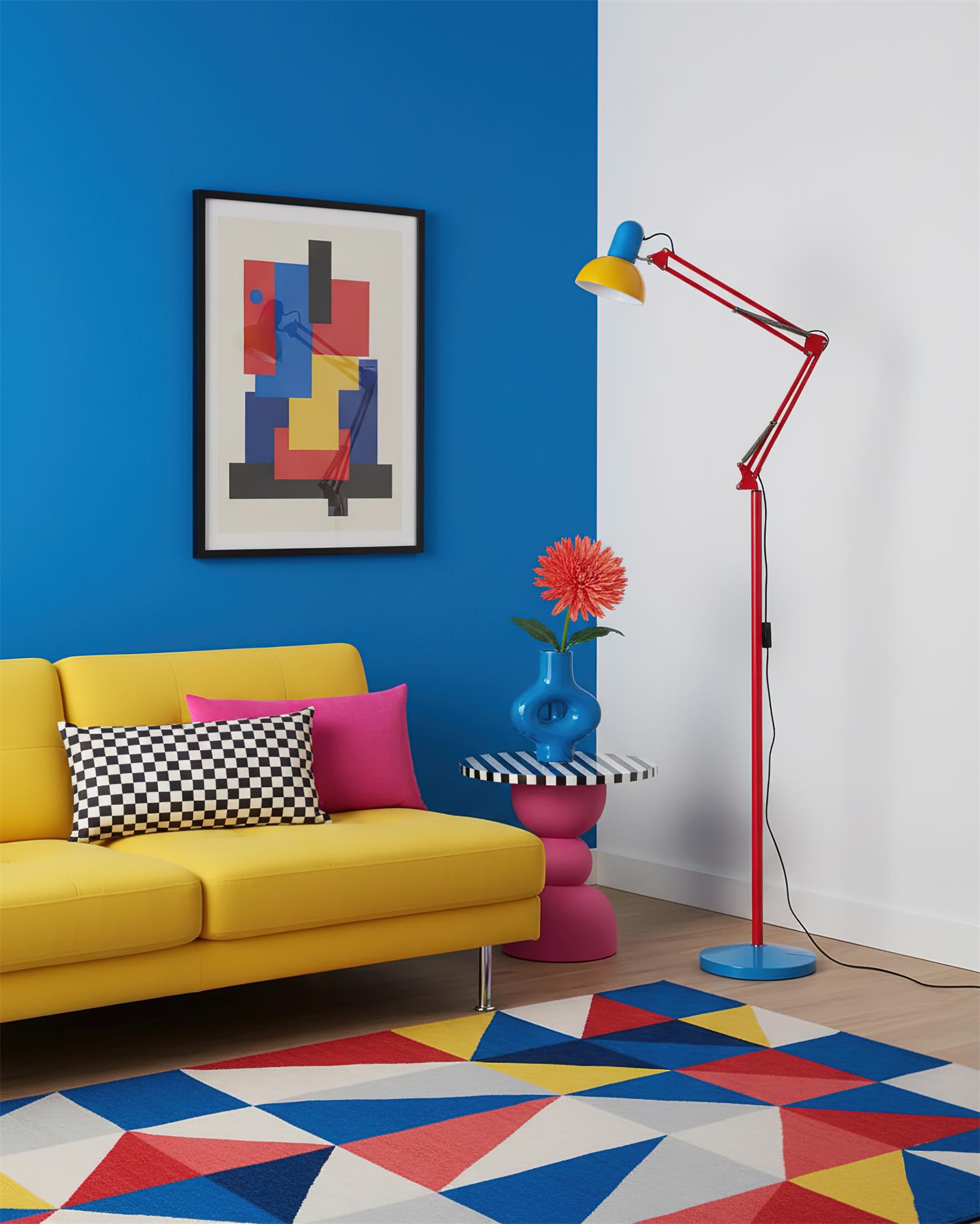 Modern Adjustable Floor Lamp with Colorful Design – Blue Base, Red Arm, Yellow Shade for Living Room and Contemporary Spaces 7