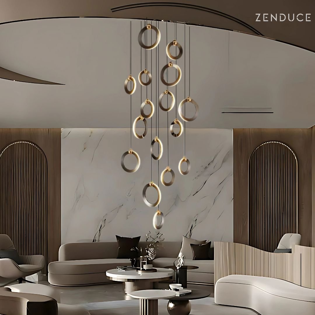 Modern Black LED Chandelier Light with Adjustable Height and Customizable Ring Count for Living Room and Staircase 0