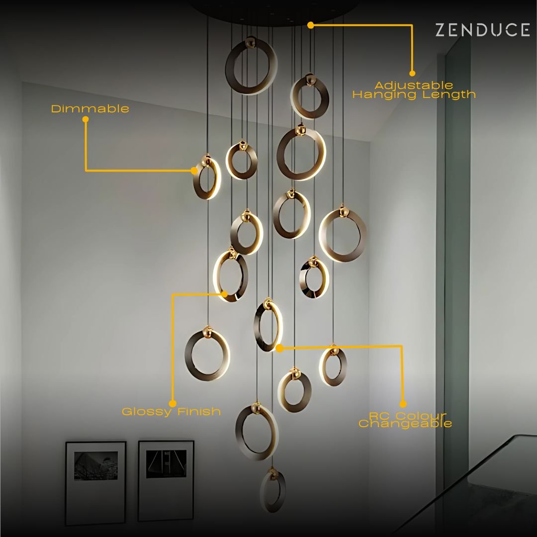 Modern Black LED Chandelier Light with Adjustable Height and Customizable Ring Count for Living Room and Staircase 1