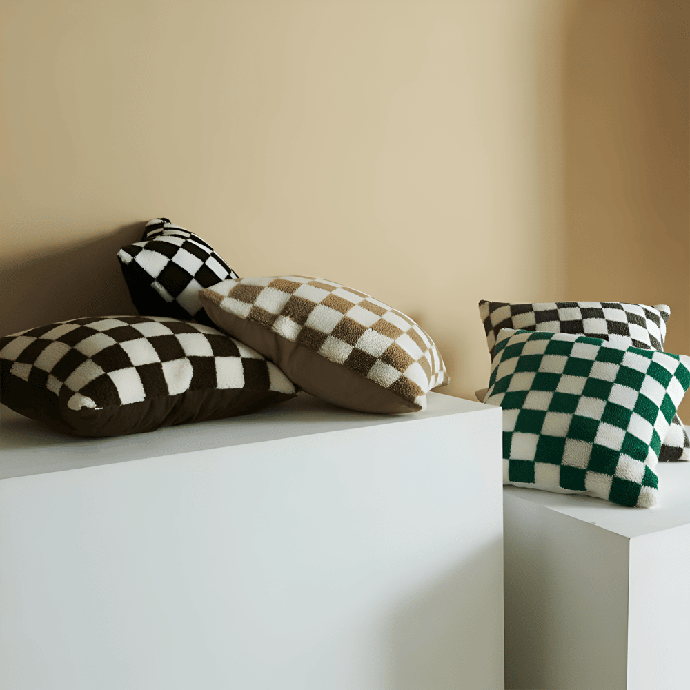 Modern Checkered Cushion Cover in Green and Coffee Brown – Soft Polyester with Hidden Zipper for Stylish Home Decor 1