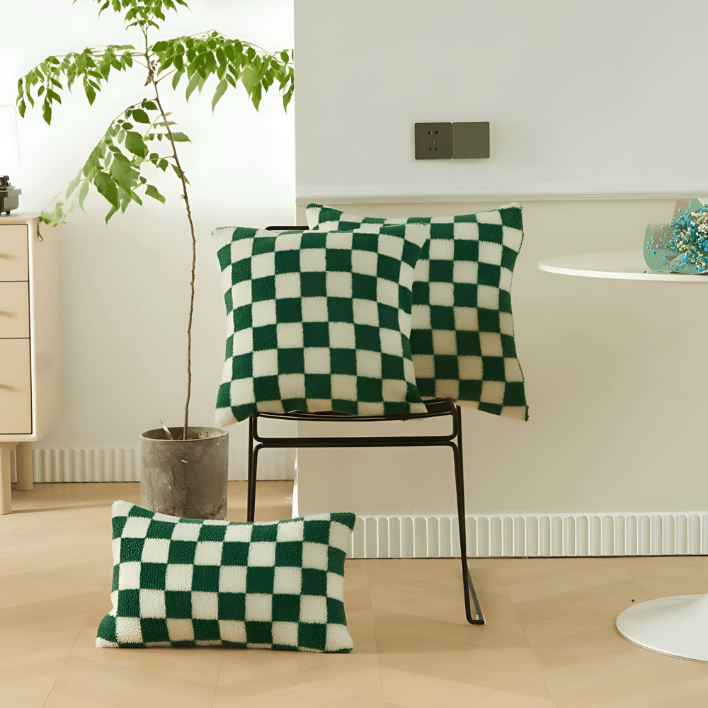 Modern Checkered Cushion Cover in Green and Coffee Brown – Soft Polyester with Hidden Zipper for Stylish Home Decor 7