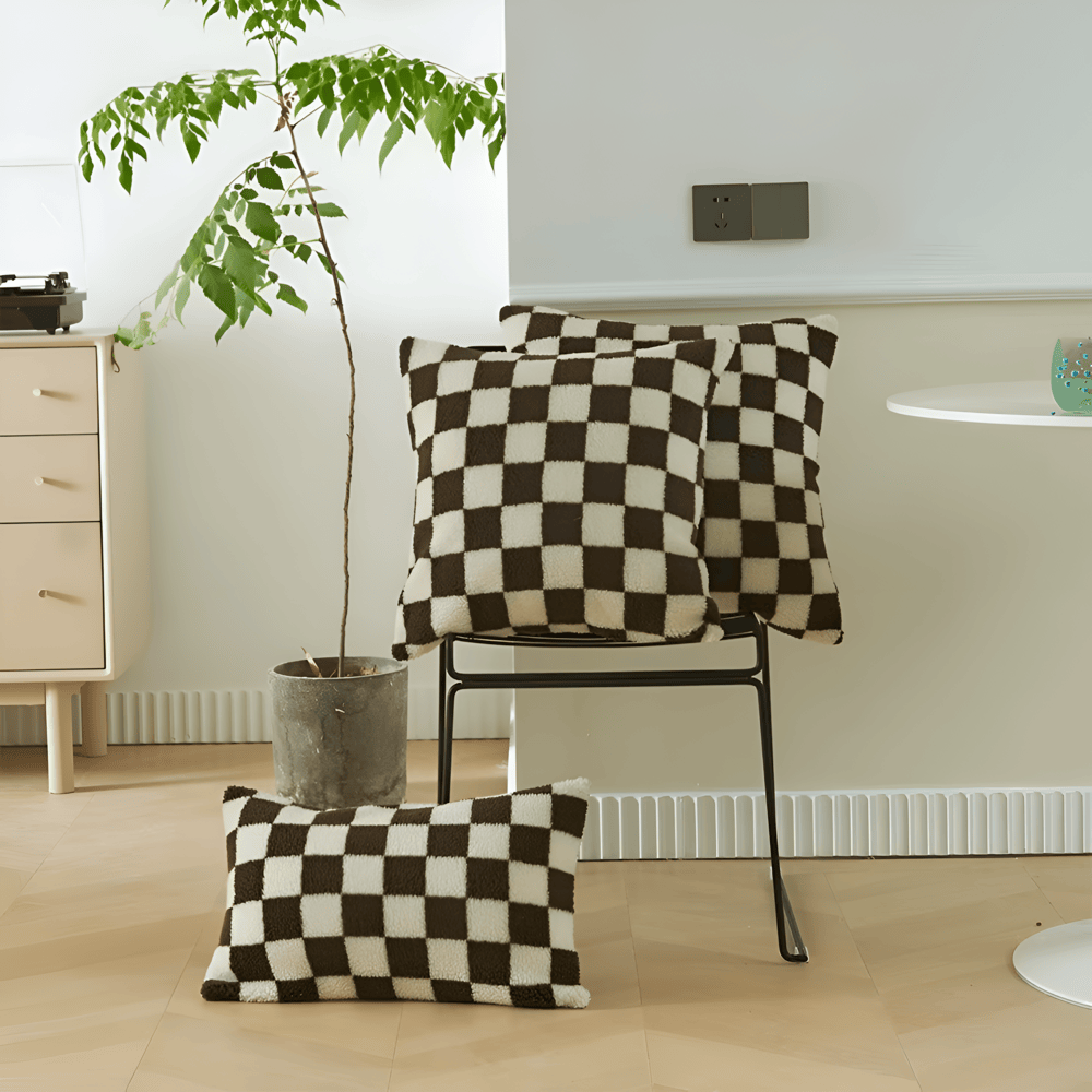 Modern Checkered Cushion Cover in Green and Coffee Brown – Soft Polyester with Hidden Zipper for Stylish Home Decor 8