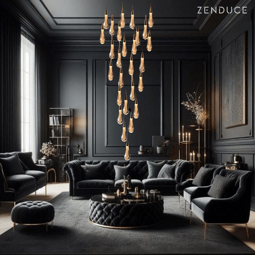 Modern Gold Chandelier Light with LED Crystal Raindrops – Elegant Pendant Fixture for High Ceilings 0