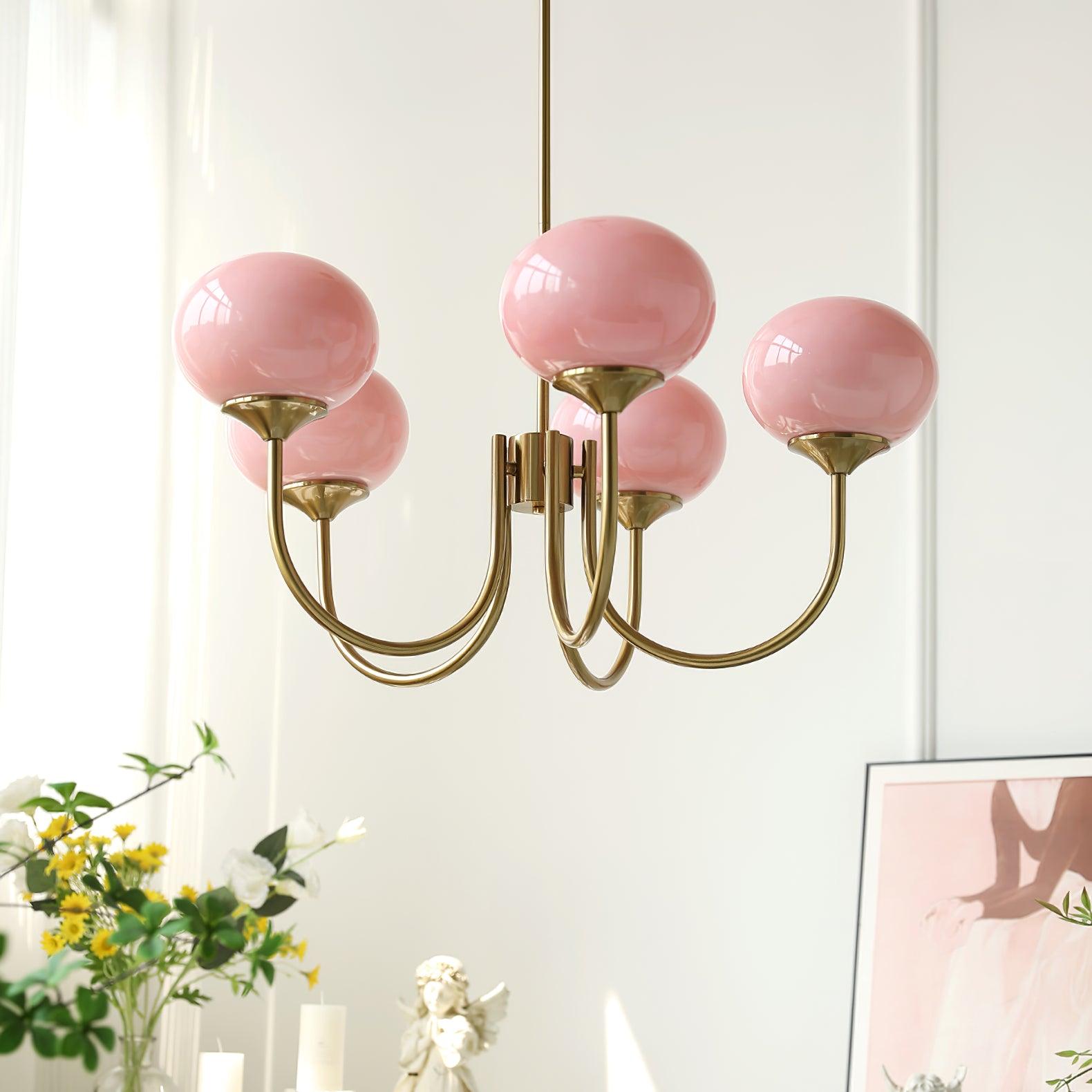 Modern Gold Chandelier Light with Pink Glass Shades – Elegant Dining Room Chandelier for Stylish Home Decor 1