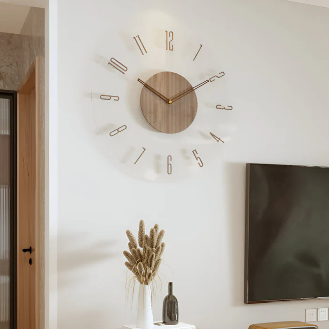 Modern Wall Clock 30 cm - Stylish Acrylic and Wood Design for Living Room Decor, Silent Quartz Mechanism 1