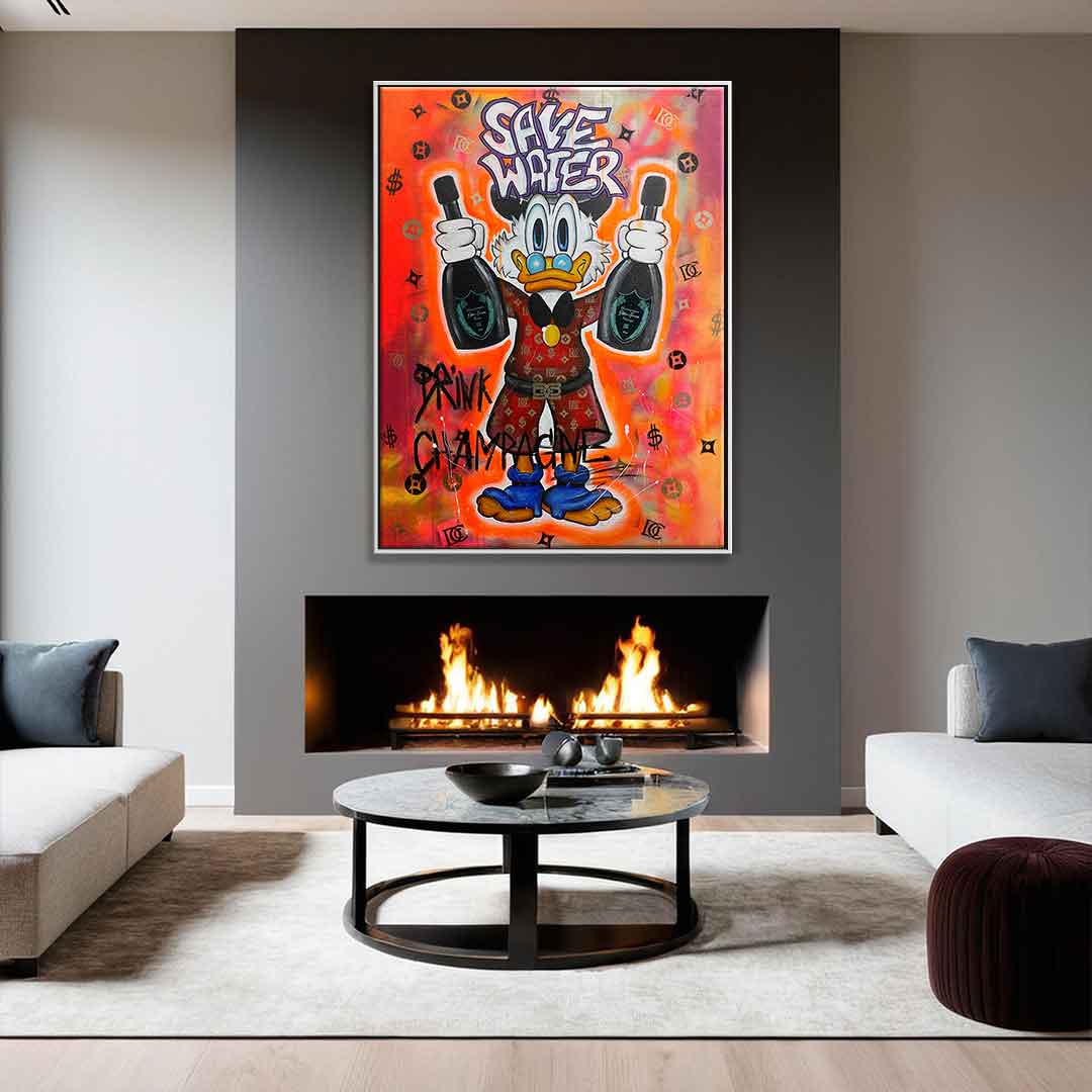 Premium Duck Pop Art Canvas Wall Art - Save Water Drink Champagne Motif - Ready to Hang, UV-Resistant, Handcrafted in Germany 1