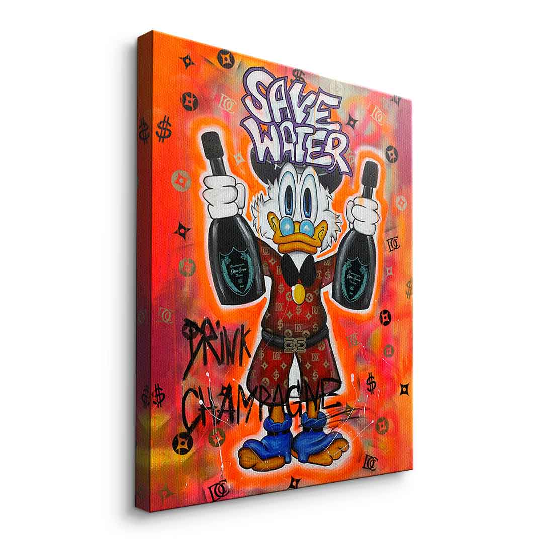 Premium Duck Pop Art Canvas Wall Art - Save Water Drink Champagne Motif - Ready to Hang, UV-Resistant, Handcrafted in Germany 2