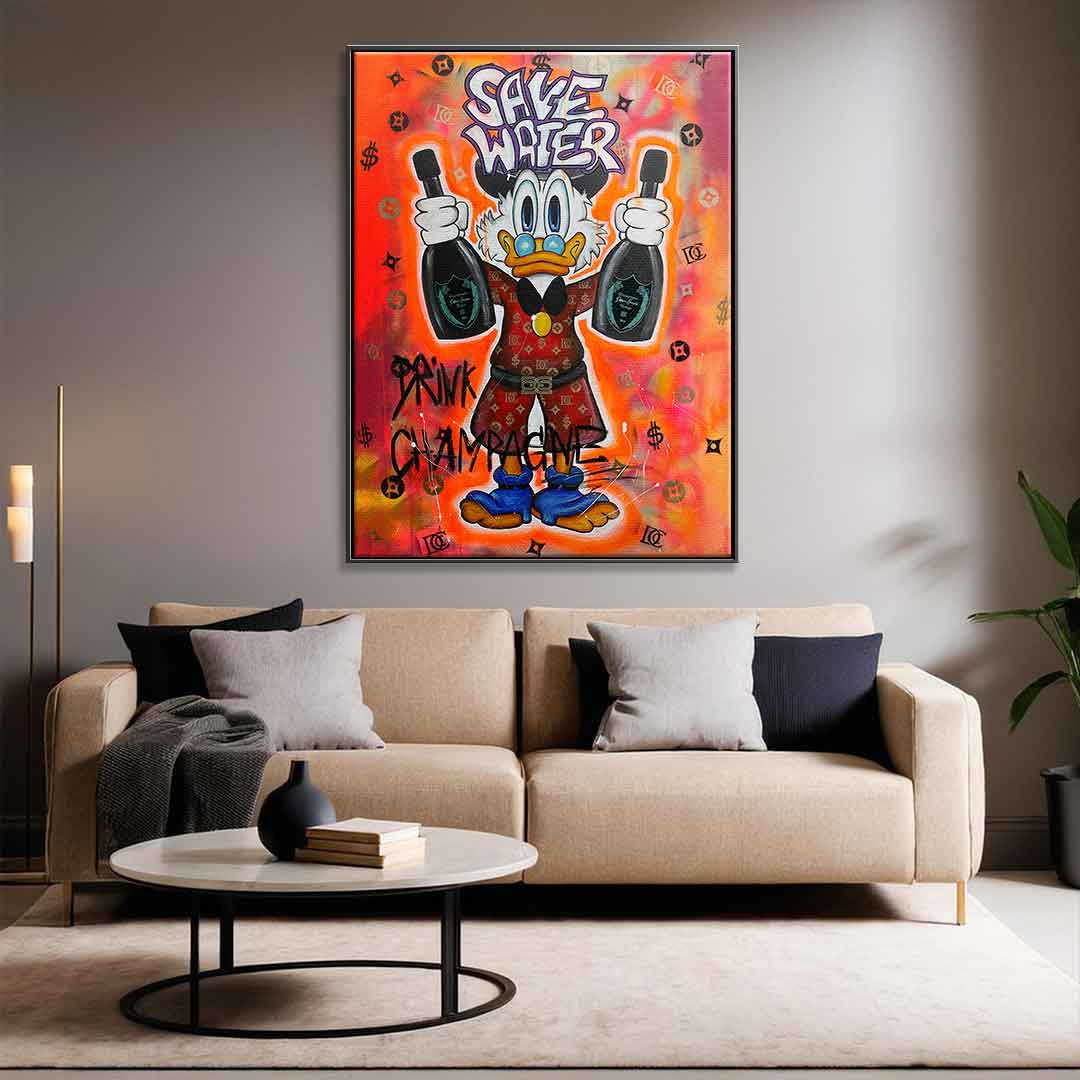 Premium Duck Pop Art Canvas Wall Art - Save Water Drink Champagne Motif - Ready to Hang, UV-Resistant, Handcrafted in Germany 4