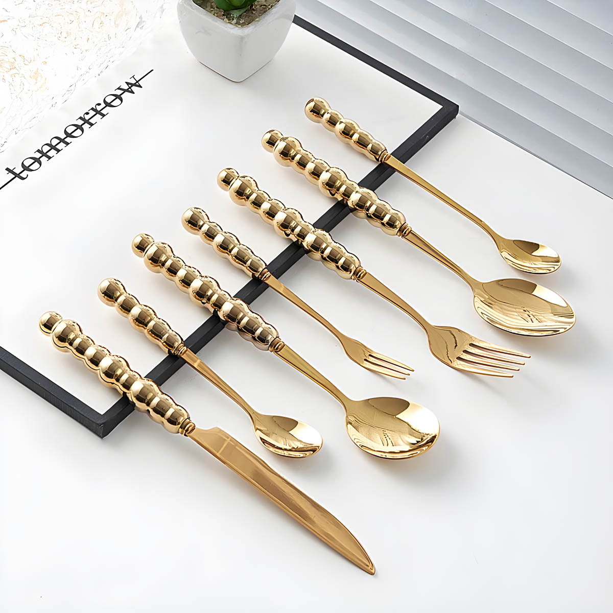 Premium Stainless Steel Cutlery Set with Beaded Handles in Pearl White, Polished Silver, or Radiant Gold – Elegant Dining Essentials 5