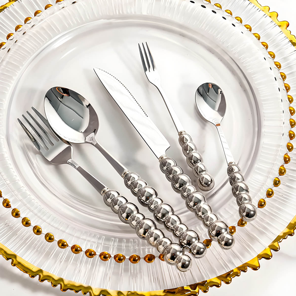 Premium Stainless Steel Cutlery Set with Beaded Handles in Pearl White, Polished Silver, or Radiant Gold – Elegant Dining Essentials 8