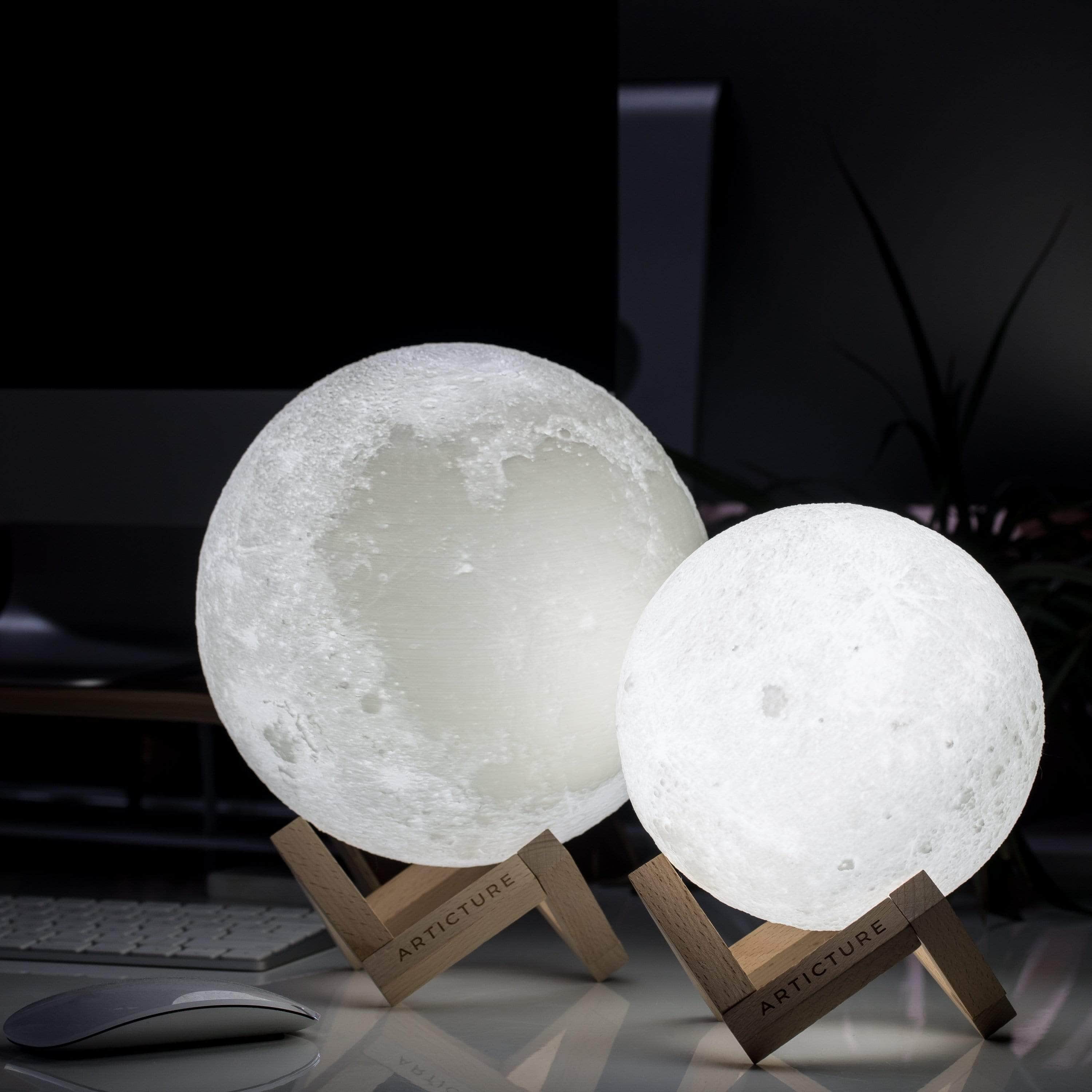 Rechargeable 3D Moon Night Light with Wooden Base – Portable LED Lamp in Two Sizes with Six Color Options 1