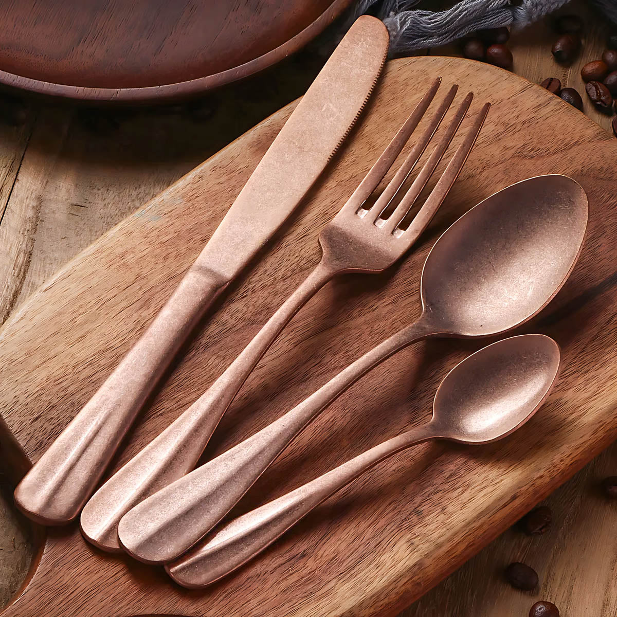 Rustic Stainless Steel Cutlery Set with Matte Finish – 8 Color Options, Comfortable Grip, Includes Knife, Fork, Spoon, and Teaspoon 2