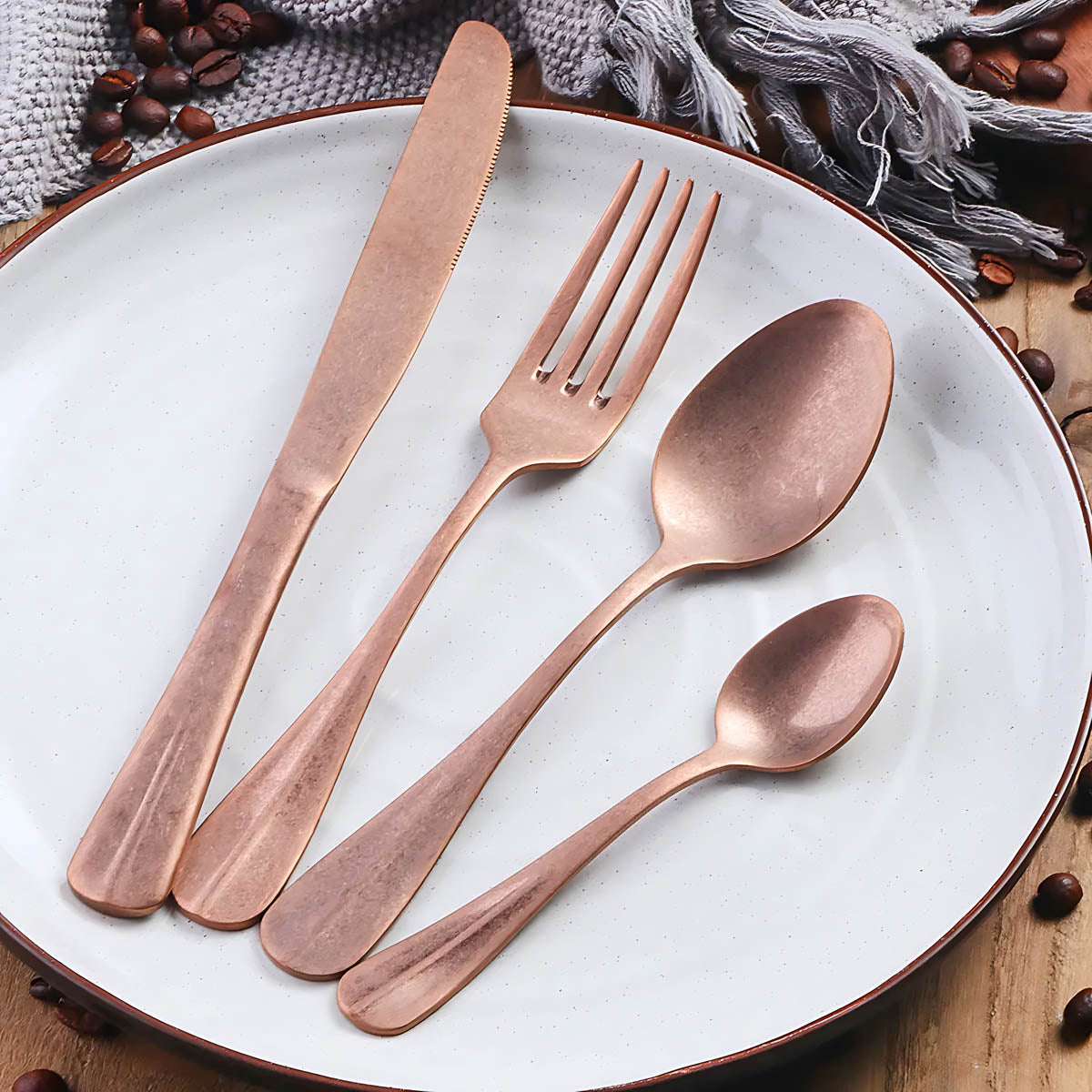 Rustic Stainless Steel Cutlery Set with Matte Finish – 8 Color Options, Comfortable Grip, Includes Knife, Fork, Spoon, and Teaspoon 3