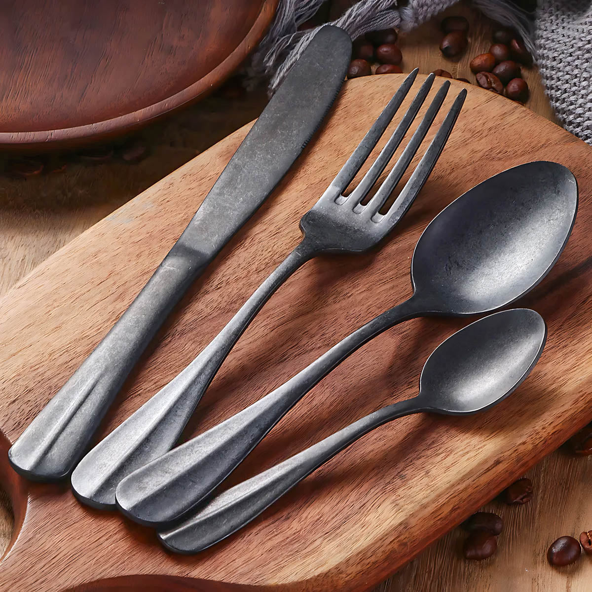 Rustic Stainless Steel Cutlery Set with Matte Finish – 8 Color Options, Comfortable Grip, Includes Knife, Fork, Spoon, and Teaspoon 4
