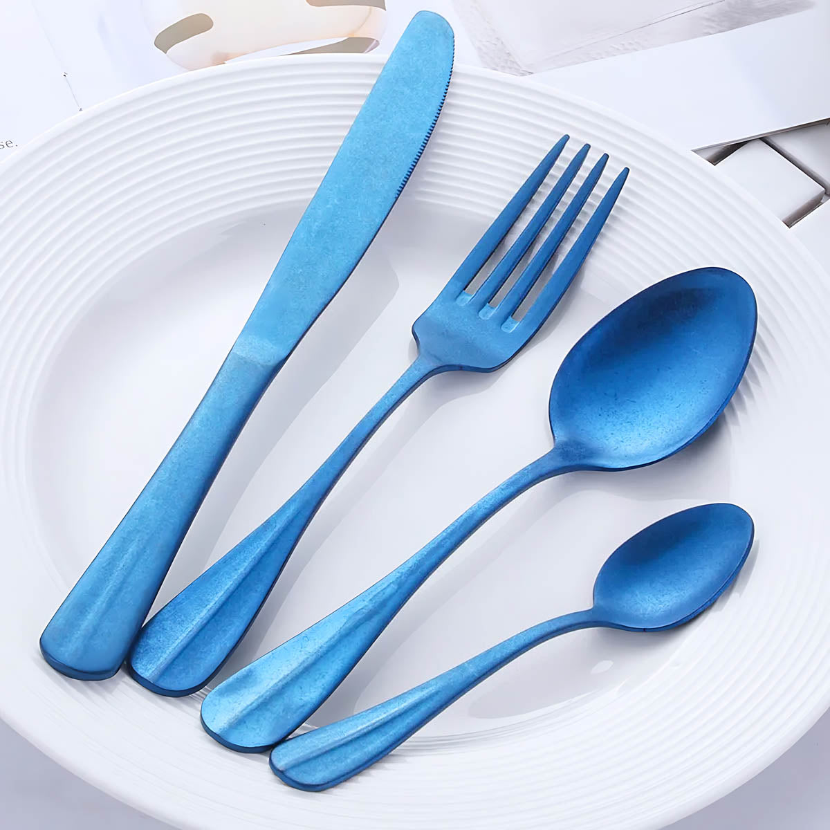 Rustic Stainless Steel Cutlery Set with Matte Finish – 8 Color Options, Comfortable Grip, Includes Knife, Fork, Spoon, and Teaspoon 5