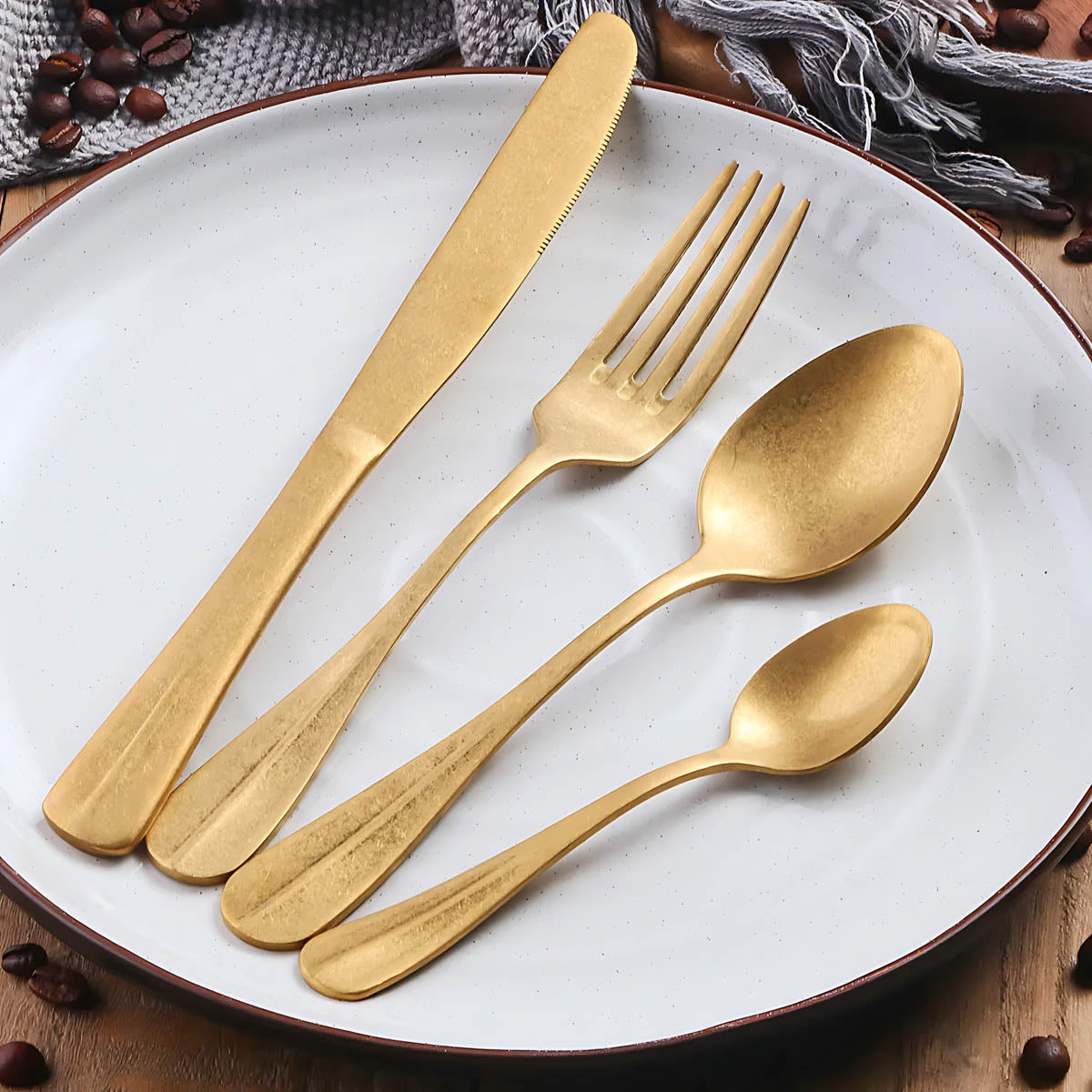 Rustic Stainless Steel Cutlery Set with Matte Finish – 8 Color Options, Comfortable Grip, Includes Knife, Fork, Spoon, and Teaspoon 6