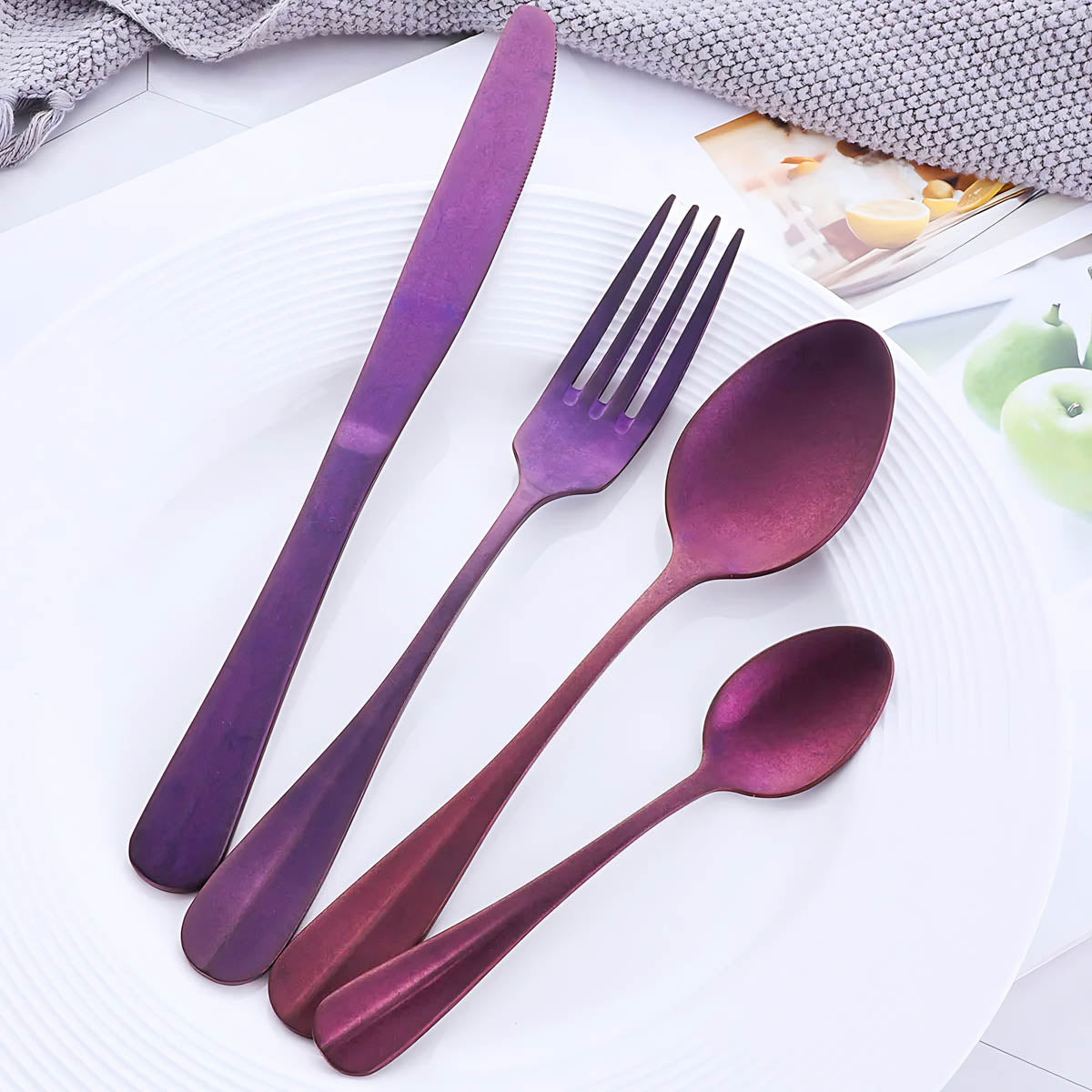 Rustic Stainless Steel Cutlery Set with Matte Finish – 8 Color Options, Comfortable Grip, Includes Knife, Fork, Spoon, and Teaspoon 8