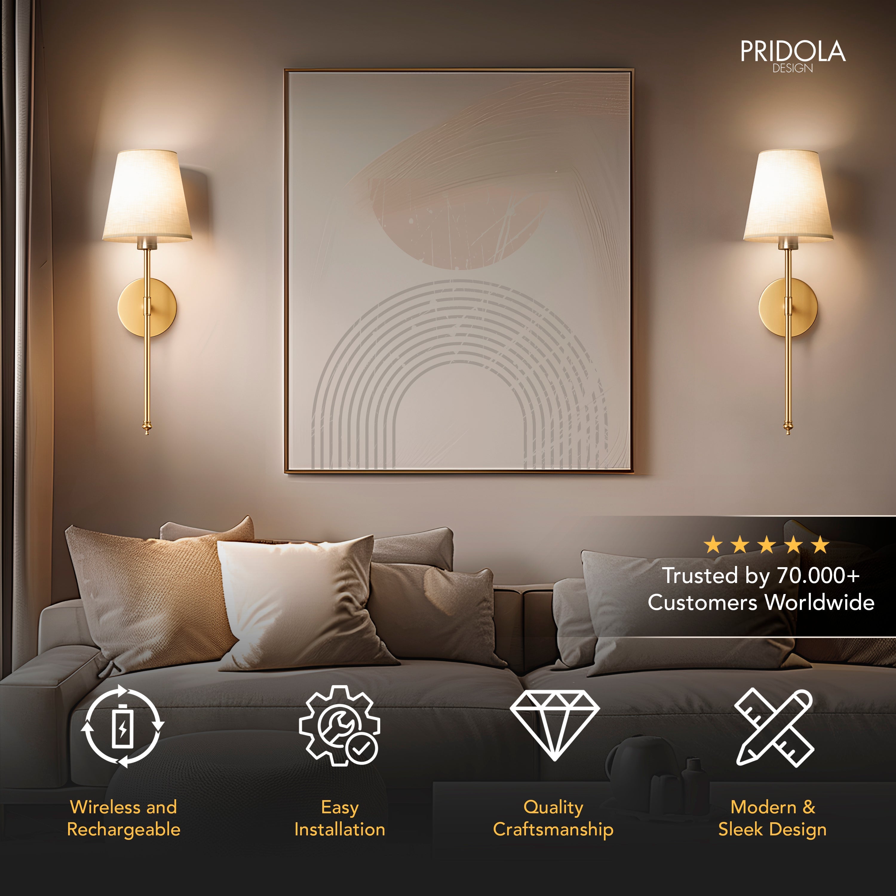 Set of 2 Battery Operated Wall Sconces – Wireless Decorative Wall Lights for Easy Installation and Modern Home Decor 1