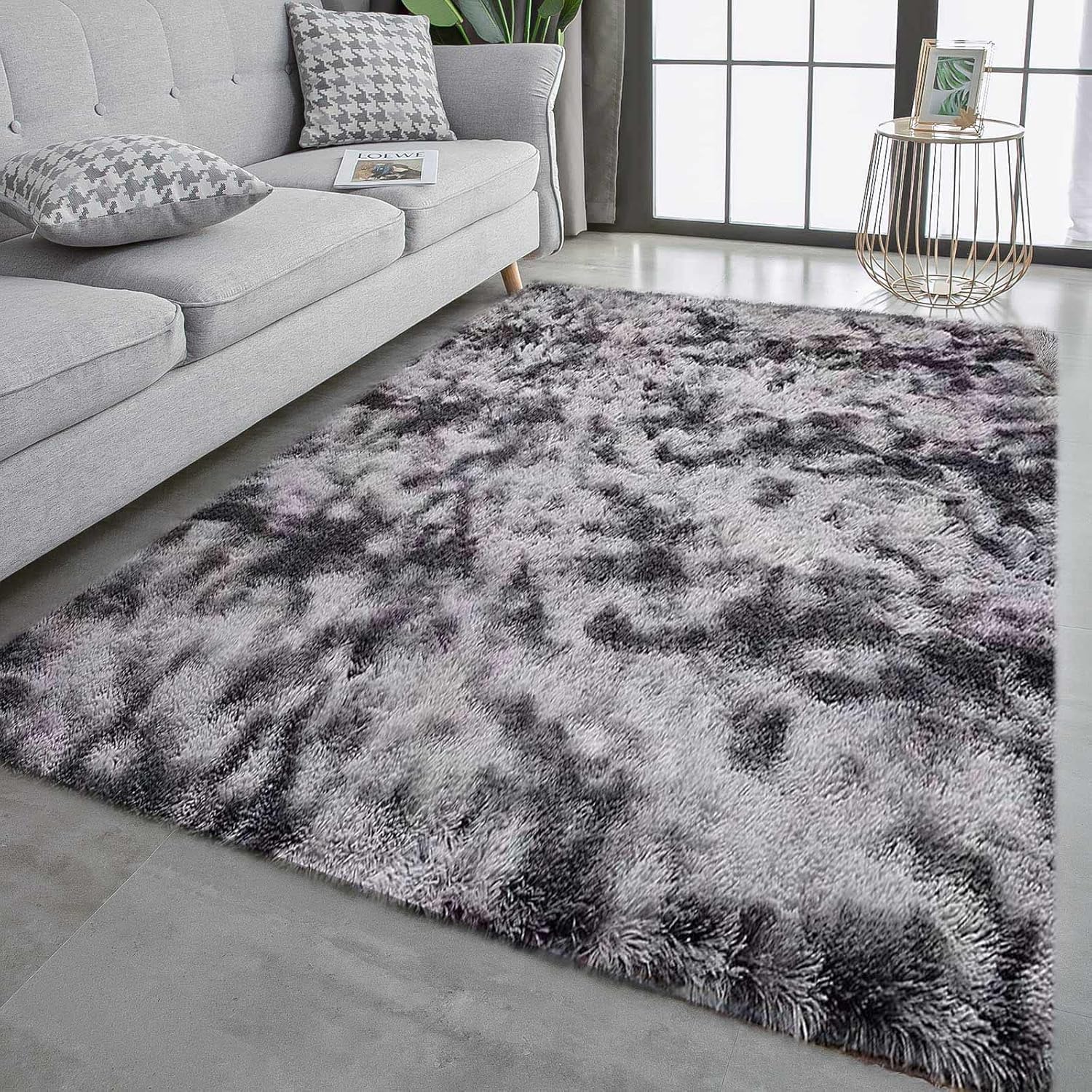 Soft Velvet Tie Dye Area Rug – Plush Gray Living Room Rug with Anti-Slip Backing, Durable Microfiber for Bedroom Use 0