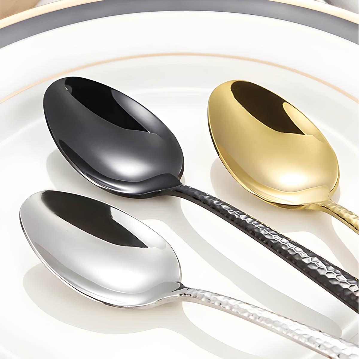 Stainless Steel Cutlery Set with Hammered Handles – Elegant Black, Silver, Gold Finishes for Dining 4