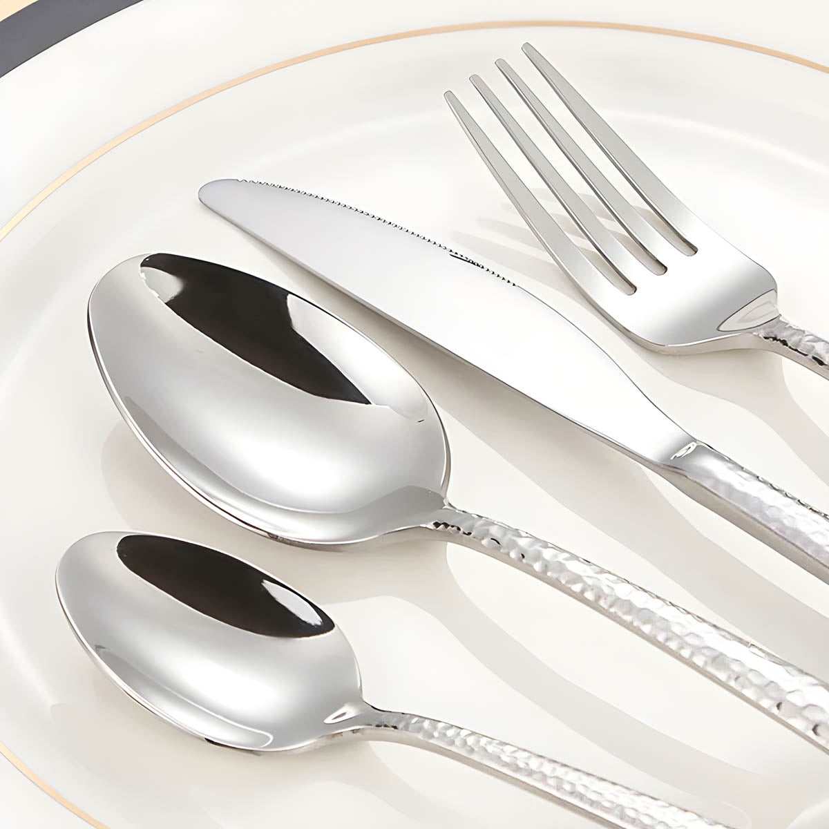 Stainless Steel Cutlery Set with Hammered Handles – Elegant Black, Silver, Gold Finishes for Dining 5