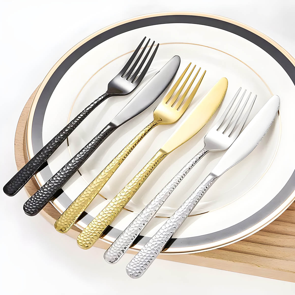 Stainless Steel Cutlery Set with Hammered Handles – Elegant Black, Silver, Gold Finishes for Dining 8